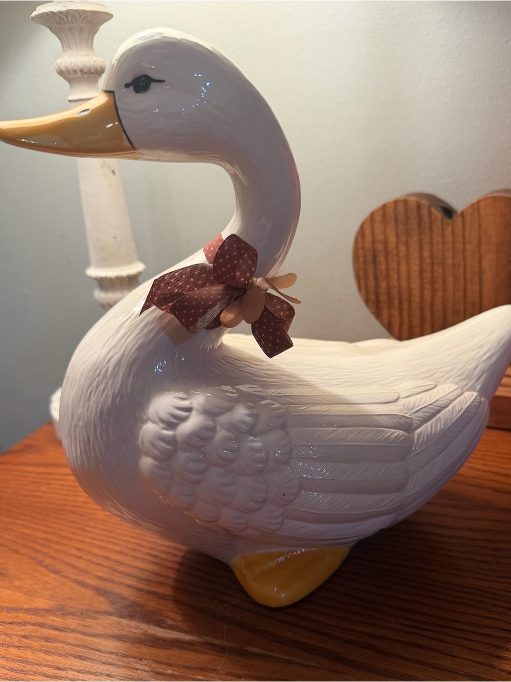 Vintage White Ceramic Duck Figurine with Polka Dot Bow